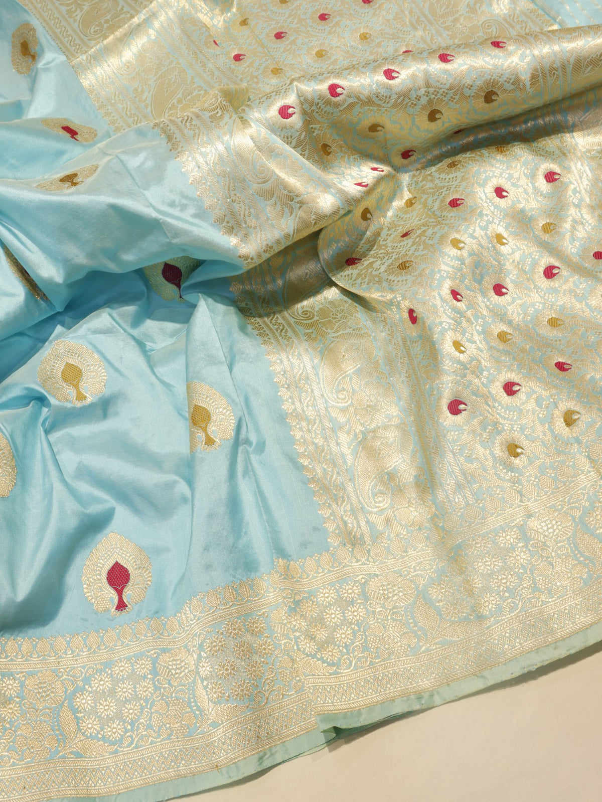 Blue Katan Silk Banarasi saree pallu detail