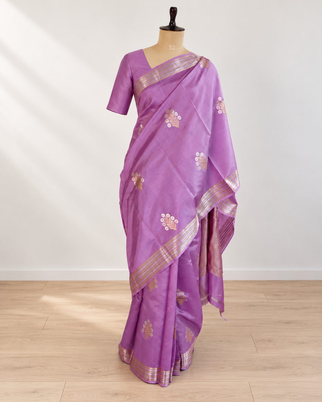 Lavender Soft Katan Banarasi saree front drape view