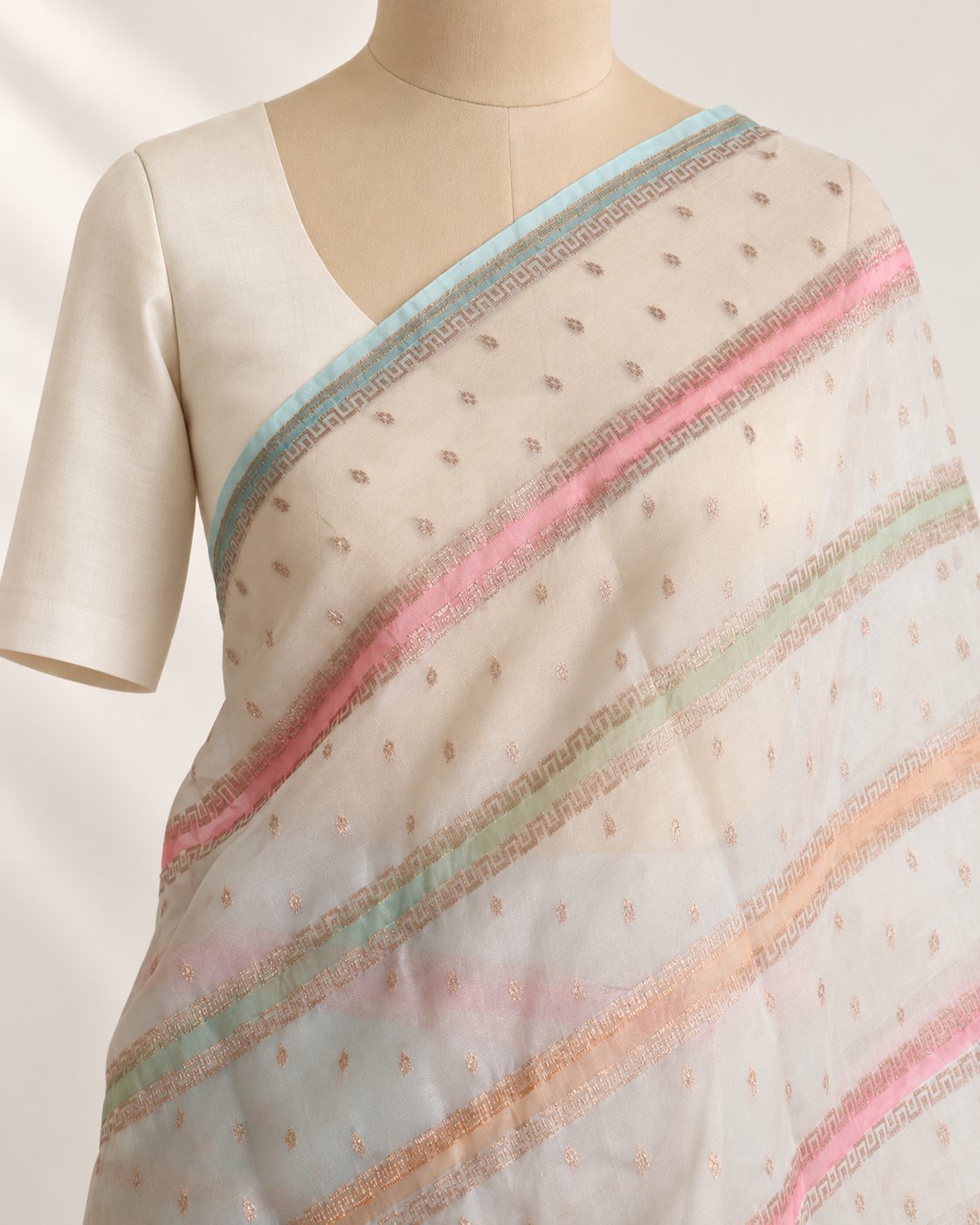Cream Kora Silk Banarasi saree pallu detail