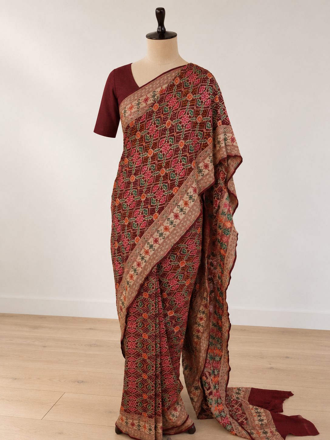 Deep maroon Khaddi Georgette Banarasi saree front drape view