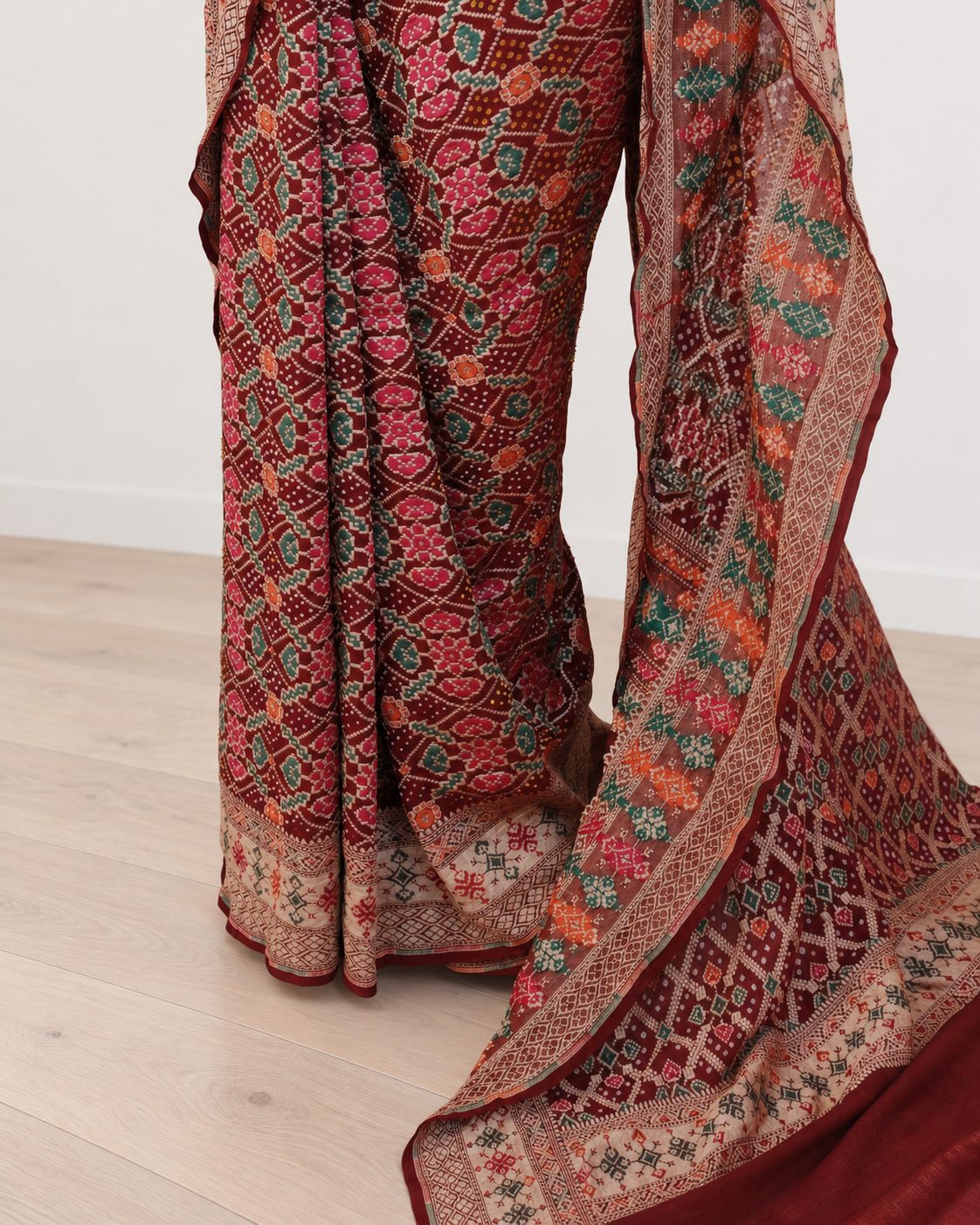 Deep maroon Khaddi Georgette Banarasi saree pallu detail