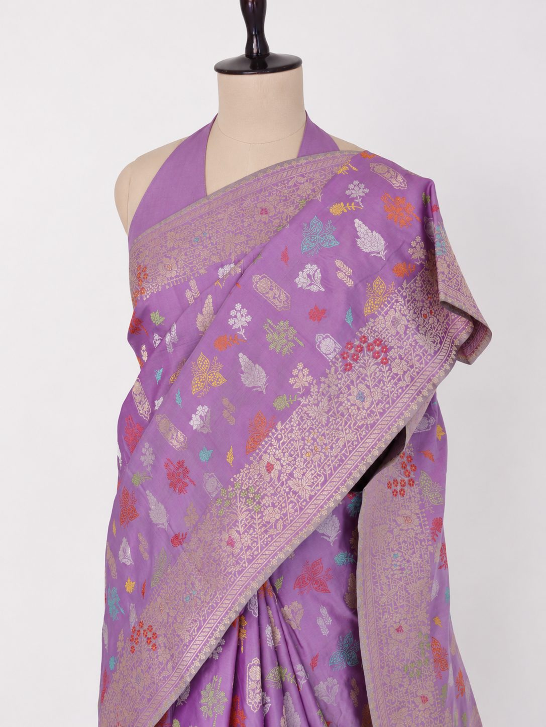 Lavender Purple Katan Silk Banarasi saree front drape view