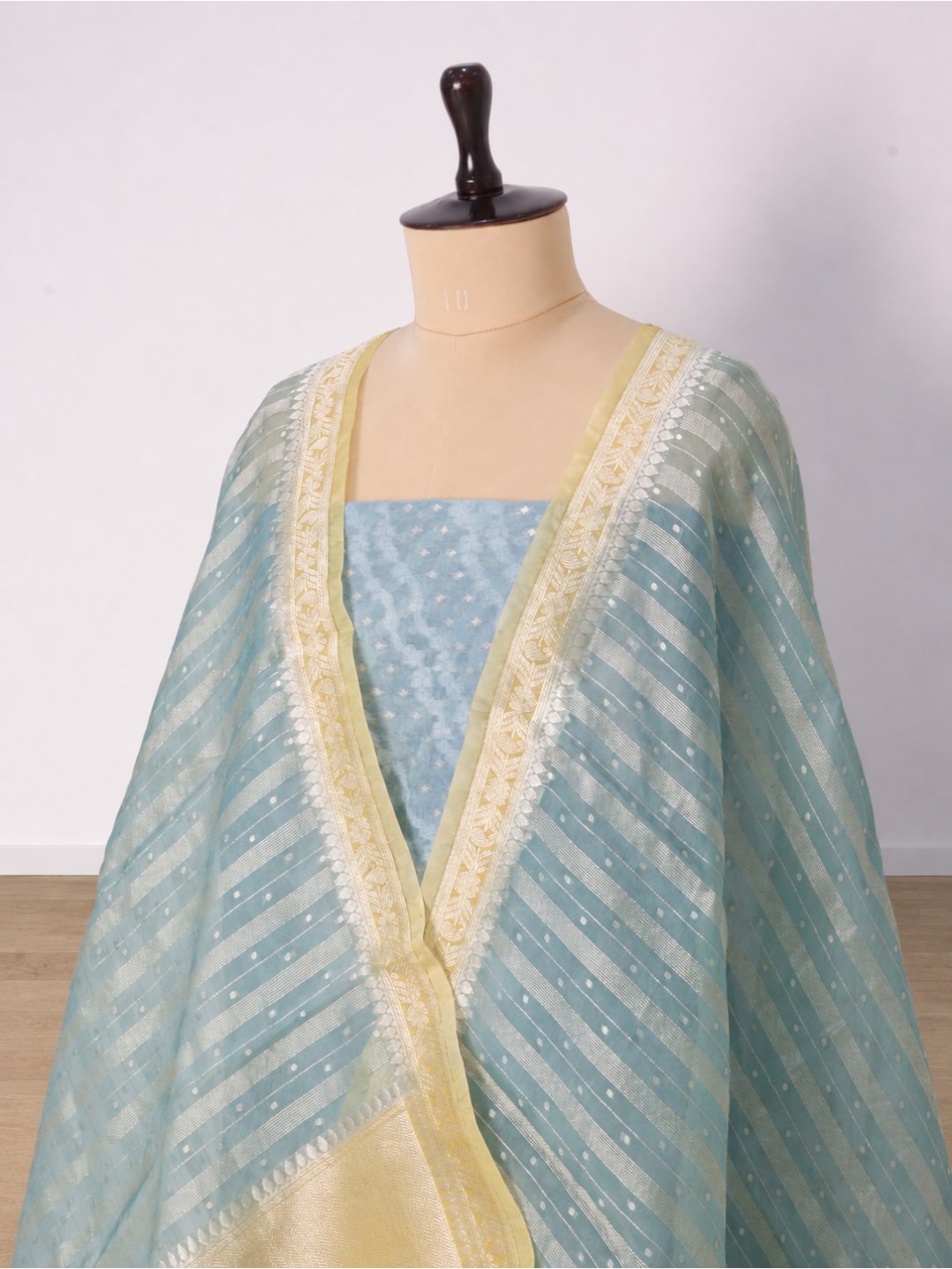 Powder blue with pale yellow borders Chanderi Banarasi suit neckline detail