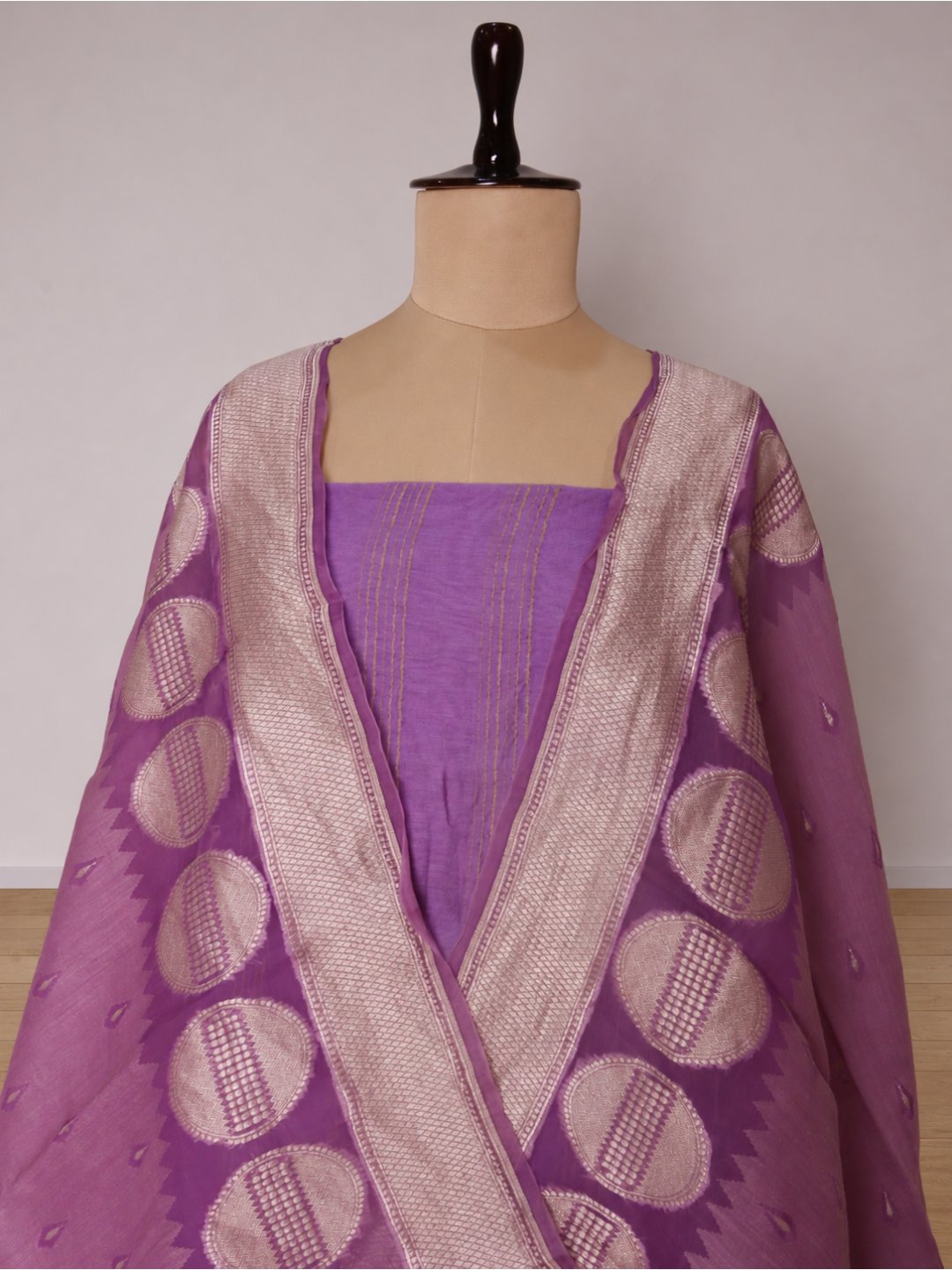 Lavender with light zari work Chanderi silk suit Banarasi suit neckline detail