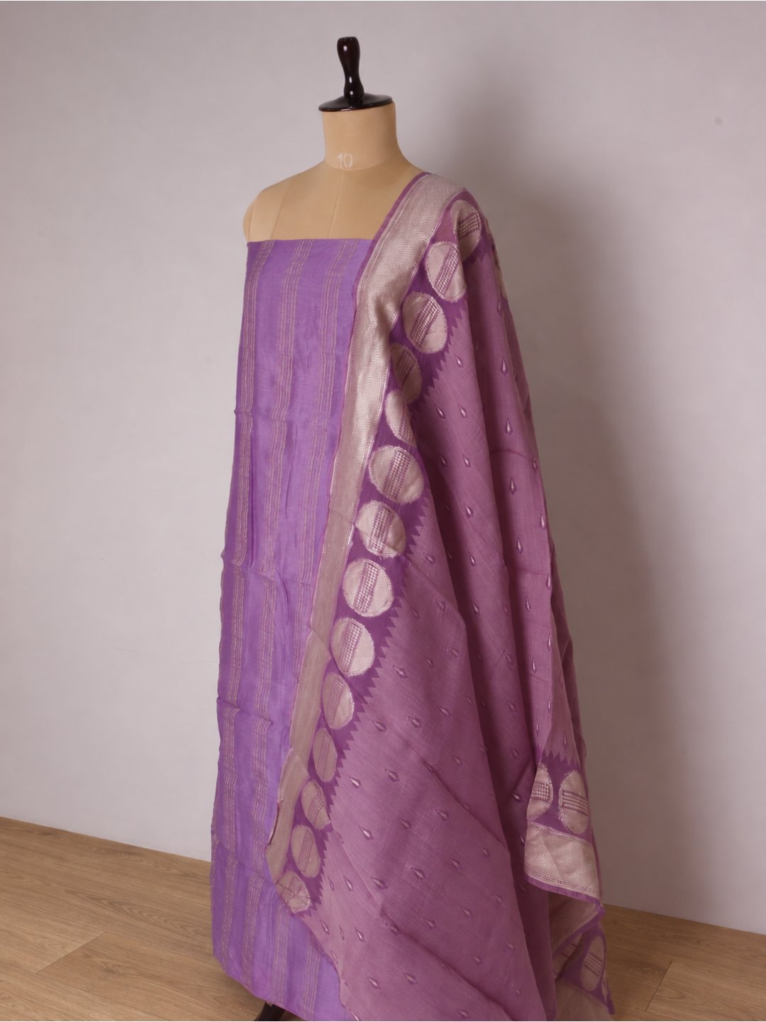 Lavender with light zari work Chanderi silk suit Banarasi suit front drape view