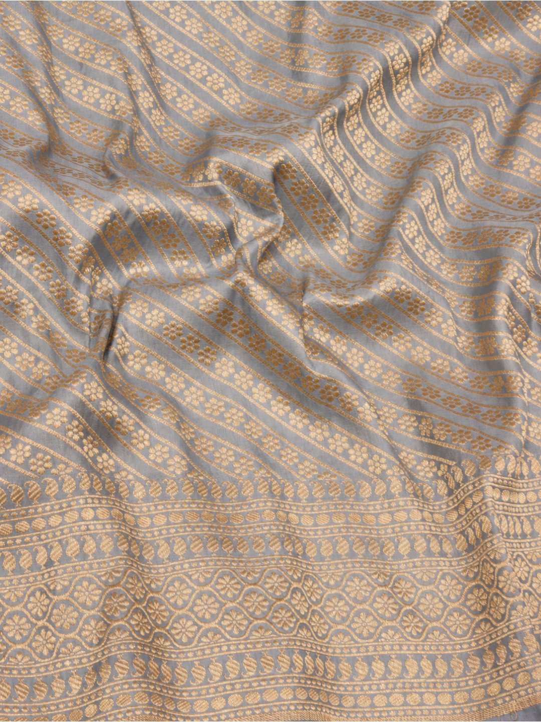 Silvery blue-grey with gold-toned Katan Brocade Saree Banarasi saree front drape view