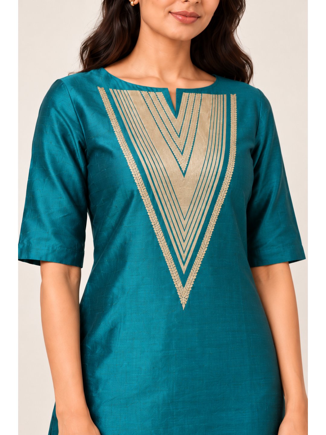 Teal with gold-toned detailing Katan Silk Banarasi suit neckline detail