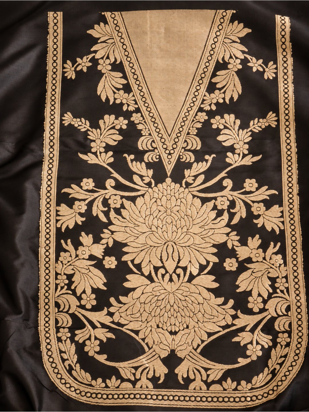 Classic black with muted gold-toned Katan Silk Banarasi suit neckline detail