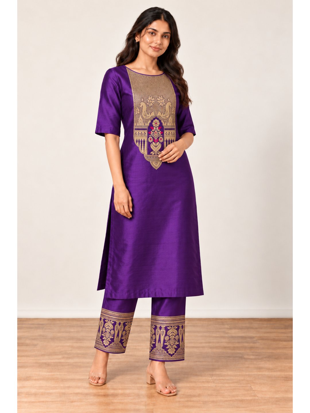 Royal purple with gold detailing Katan Silk Banarasi suit front drape view