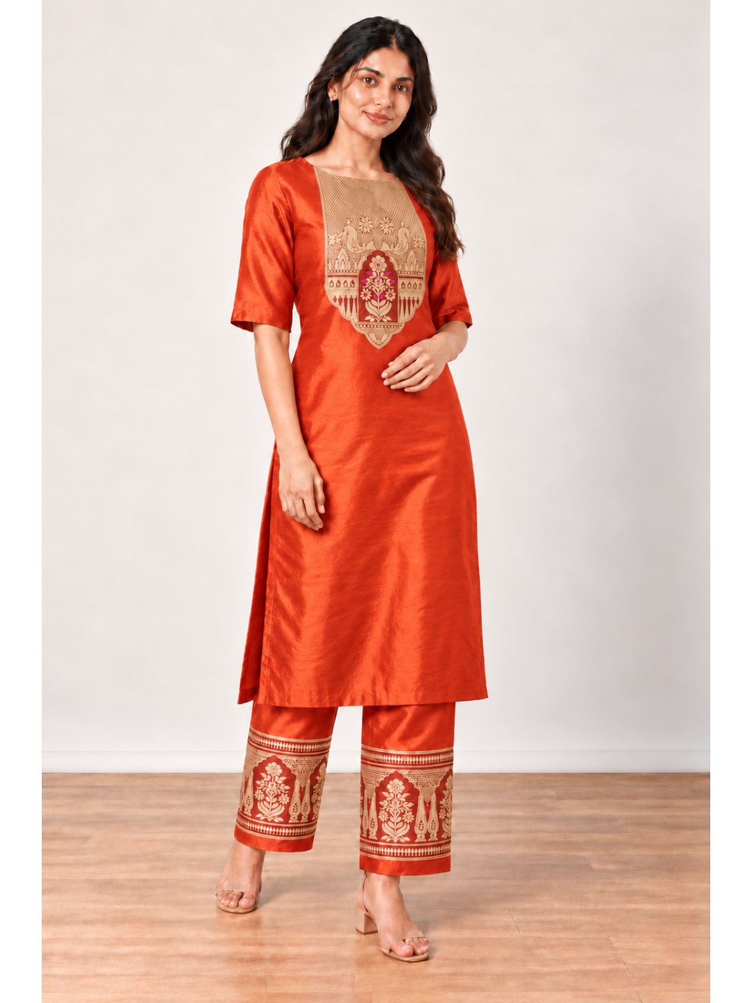 Bright orange with gold detailing Katan Silk Banarasi suit front drape view