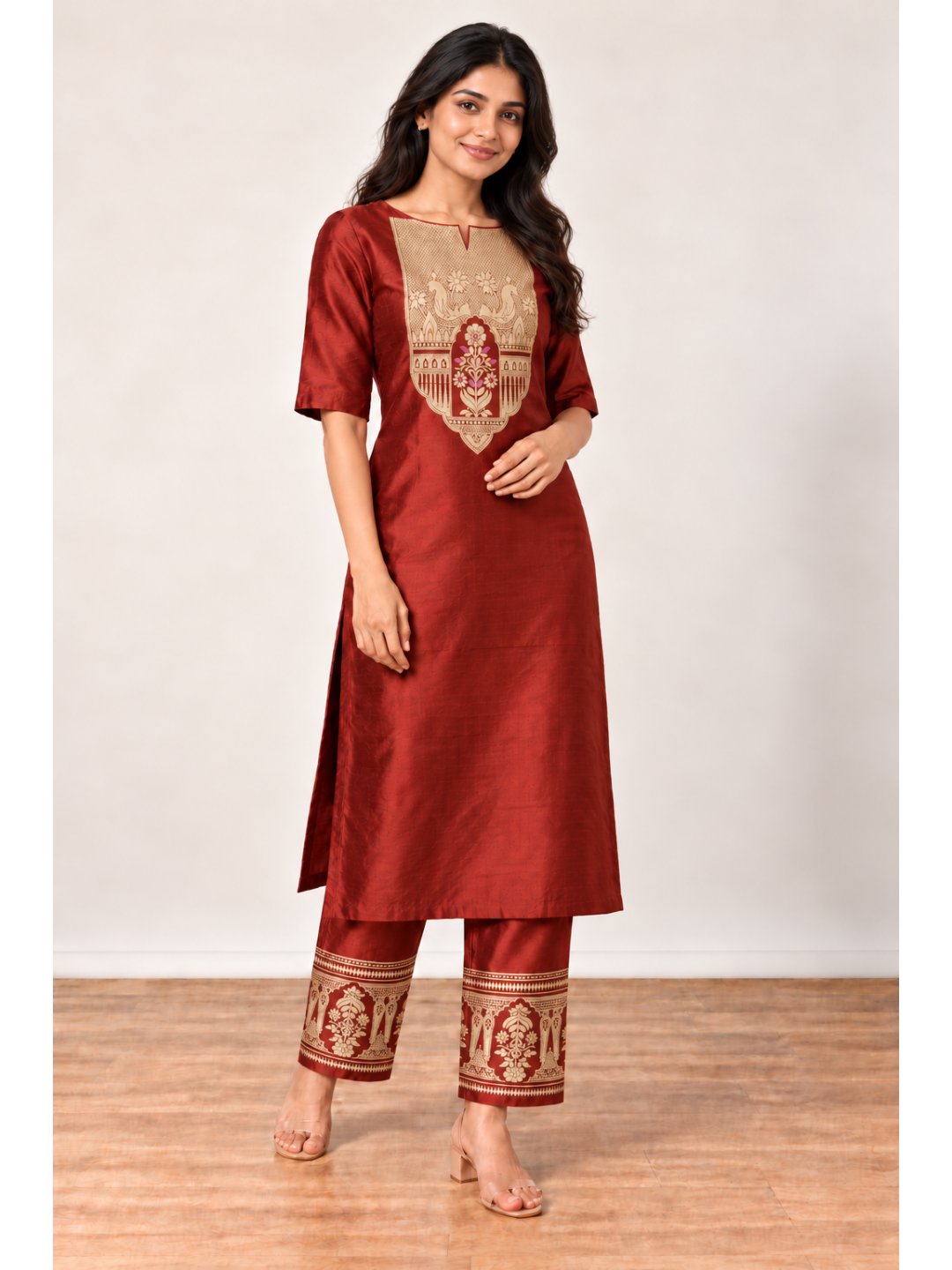 Rust red with gold detailing Katan Silk Banarasi suit front drape view