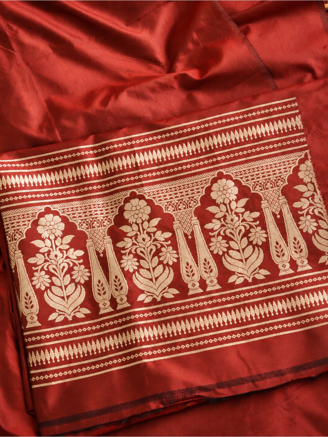 Rust red with gold detailing Katan Silk Banarasi suit bottom detail