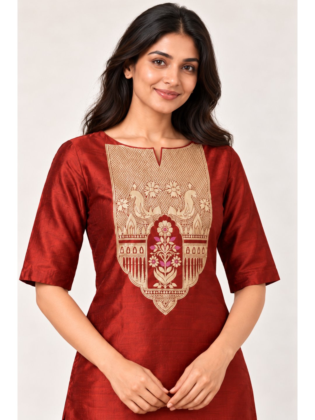 Rust red with gold detailing Katan Silk Banarasi suit neckline detail