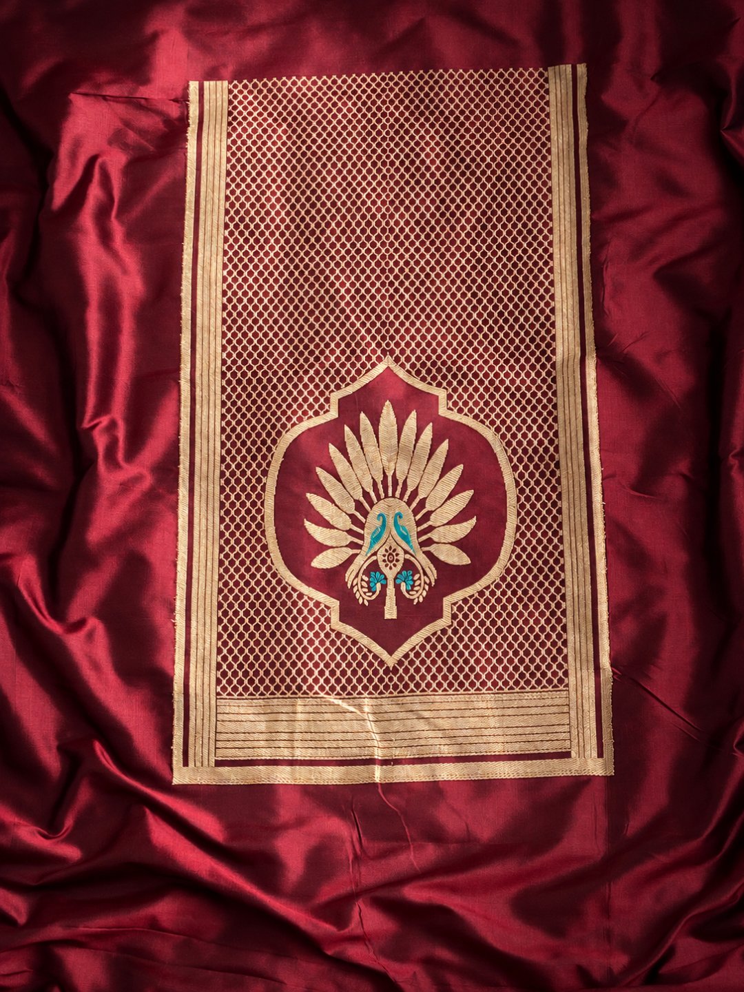 Burgundy with gold and small turquoise details Katan Silk Banarasi suit sleeve detail