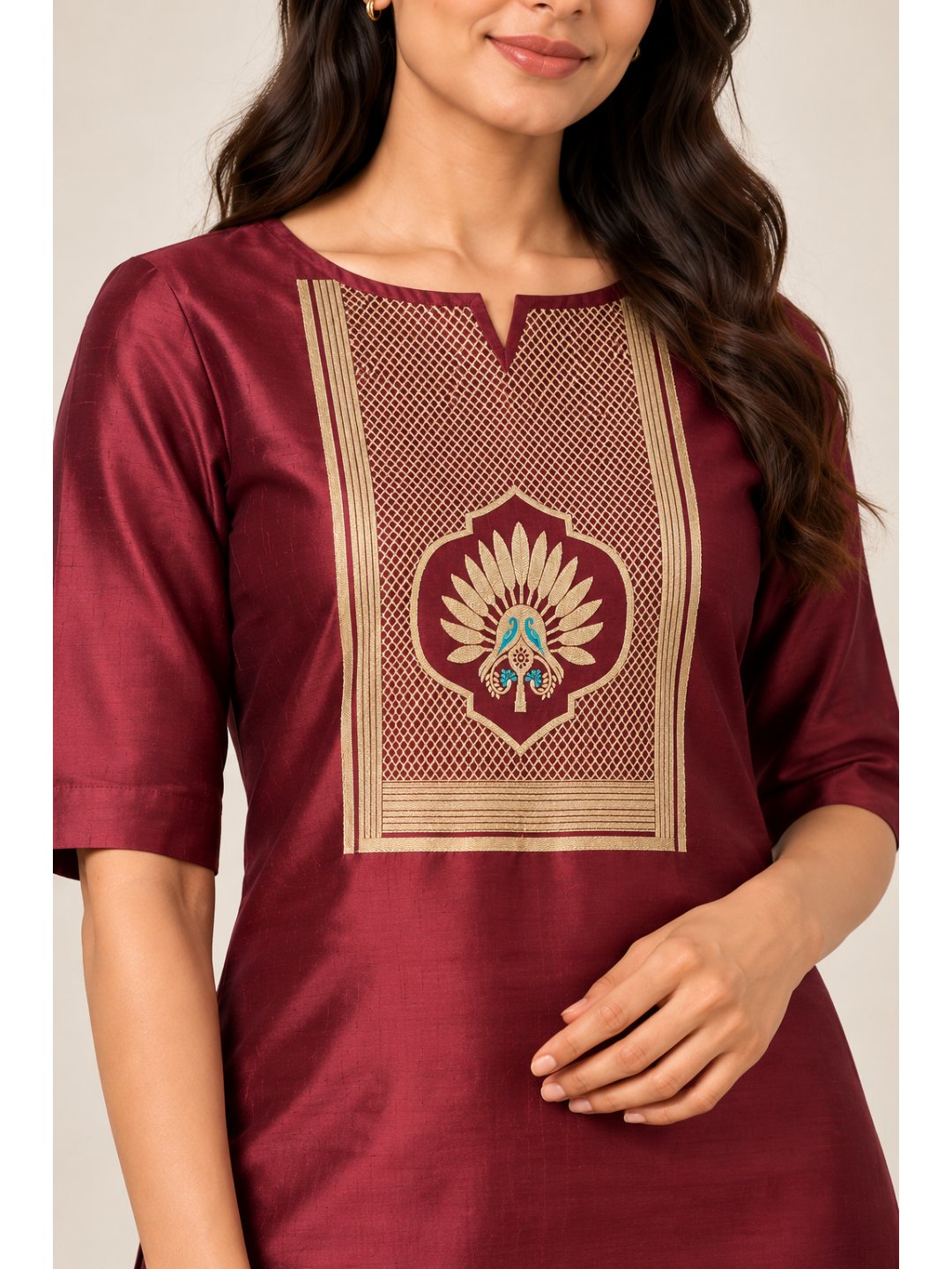 Burgundy with gold and small turquoise details Katan Silk Banarasi suit neckline detail