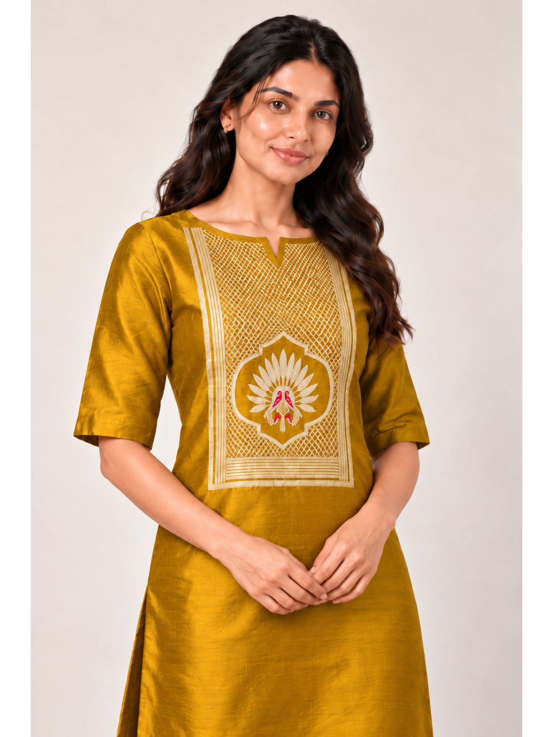 Mustard yellow with gold detailing and small red accents Katan Silk Banarasi suit front drape view