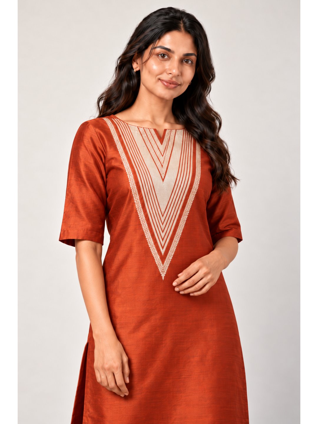 Rust orange with silver-toned detailing Katan Silk Banarasi suit neckline detail