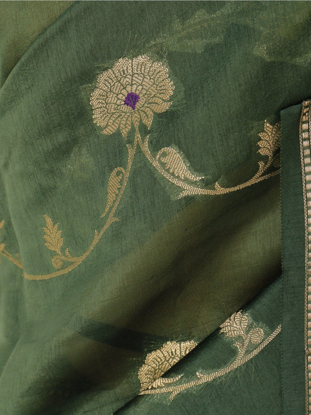 Deep olive green with gold detailing Viscose saree Banarasi saree full spread