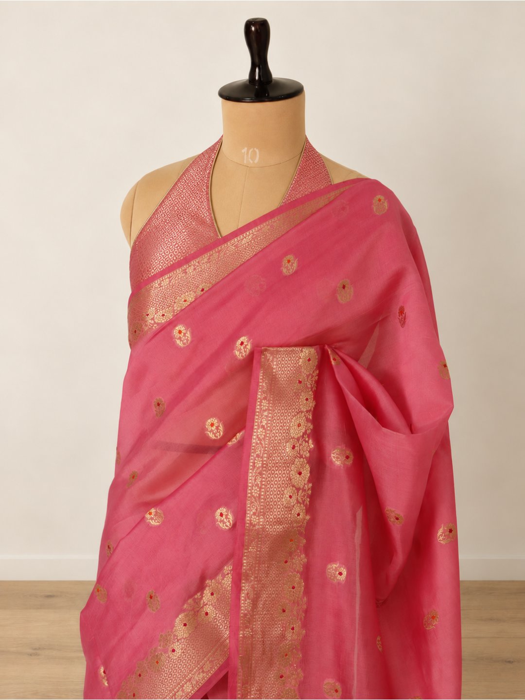 Rose pink with gold detailing Viscose Saree Banarasi saree front drape view
