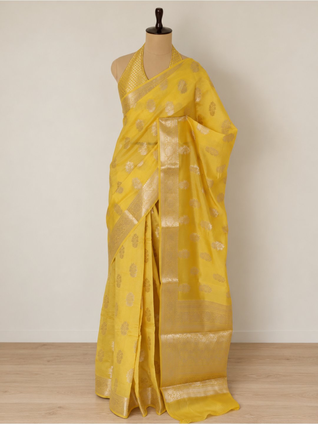 Bright lemon yellow with light gold-toned detailing Viscose saree Banarasi saree zari work detail