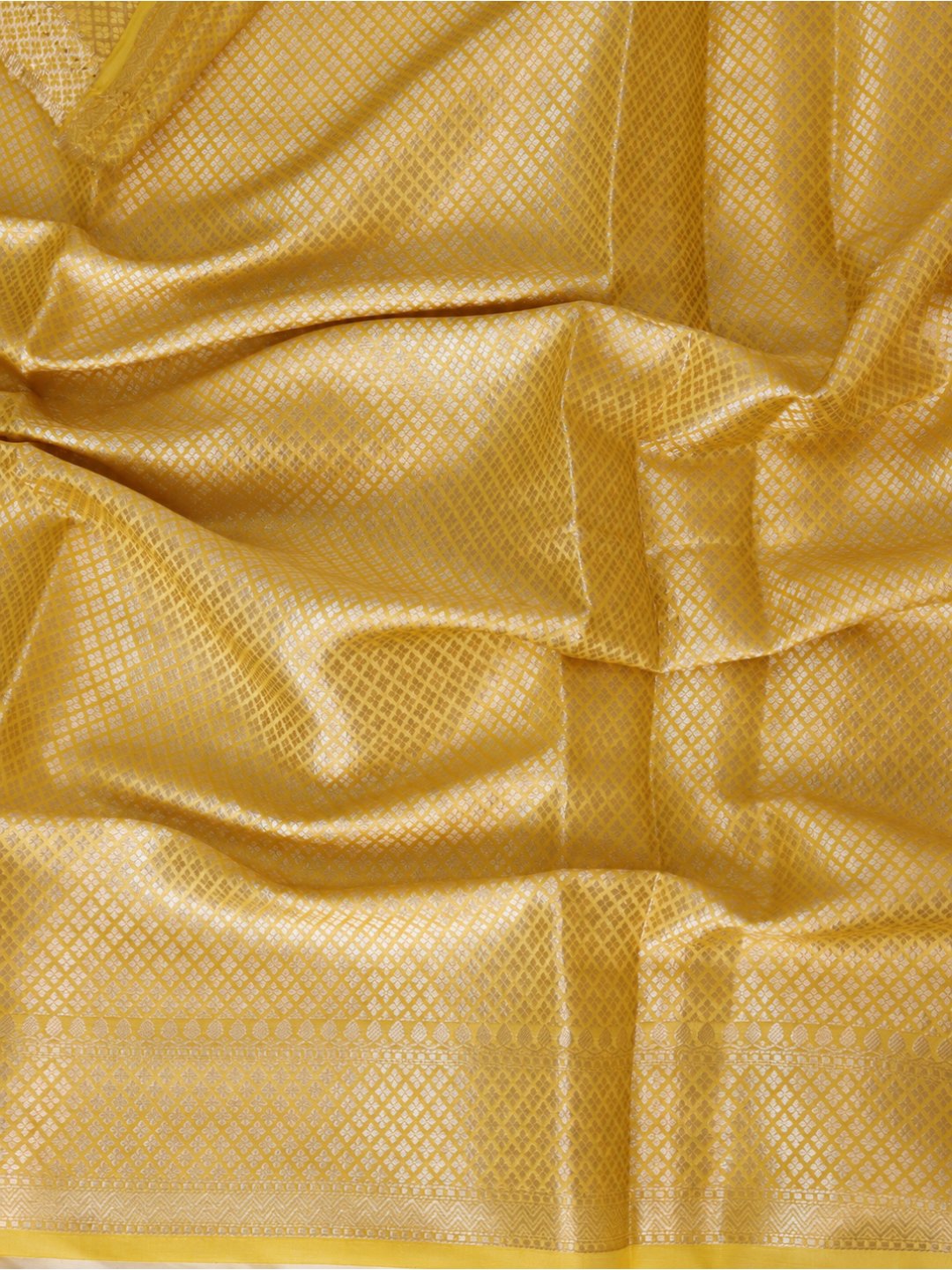 Bright lemon yellow with light gold-toned detailing Viscose saree Banarasi saree front drape view
