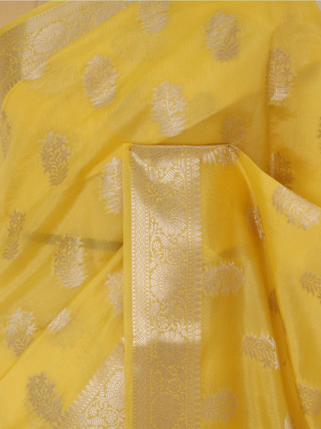 Bright lemon yellow with light gold-toned detailing Viscose saree Banarasi saree texture detail