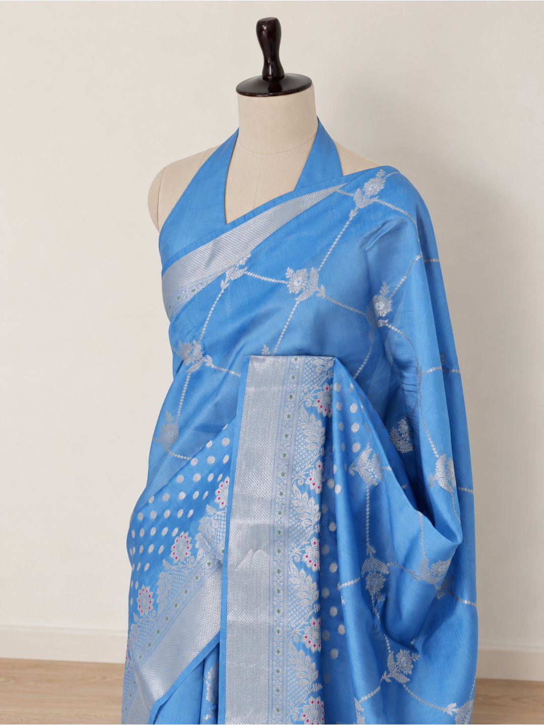 Sky blue with silver-toned detailing Viscose Saree Banarasi saree front drape view