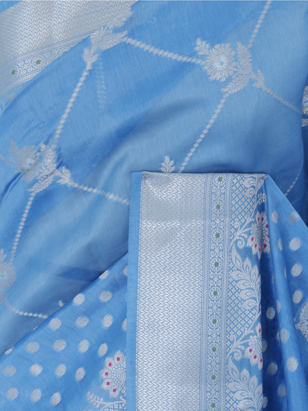 Sky blue with silver-toned detailing Viscose Saree Banarasi saree border closeup