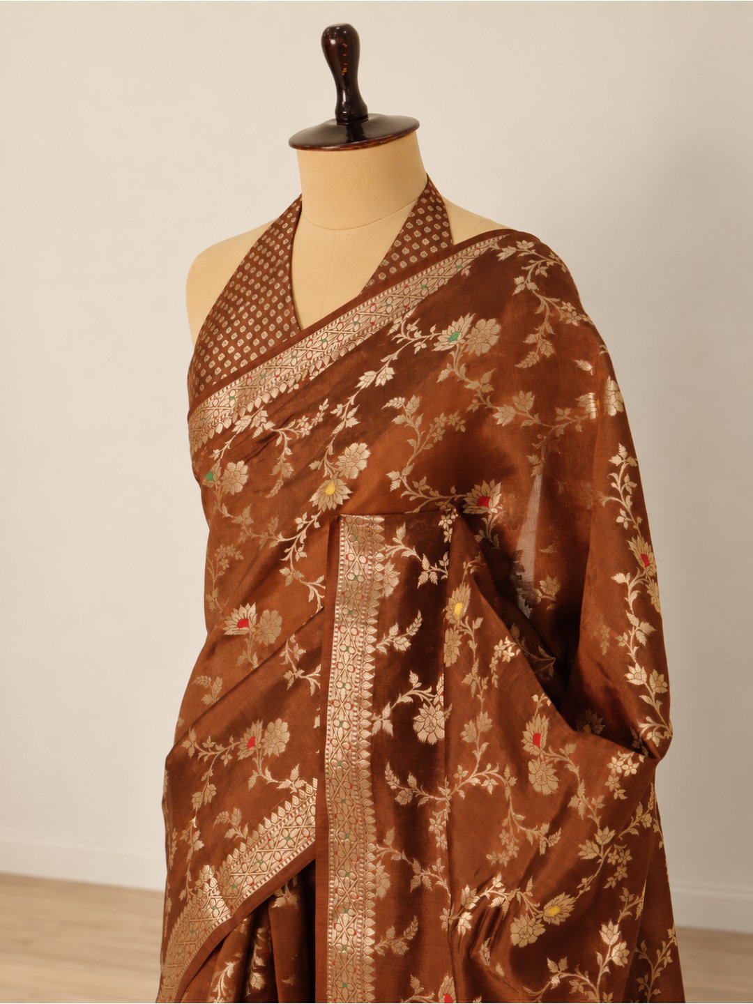 Copper brown with gold-toned detailing Viscose Saree Banarasi saree texture detail