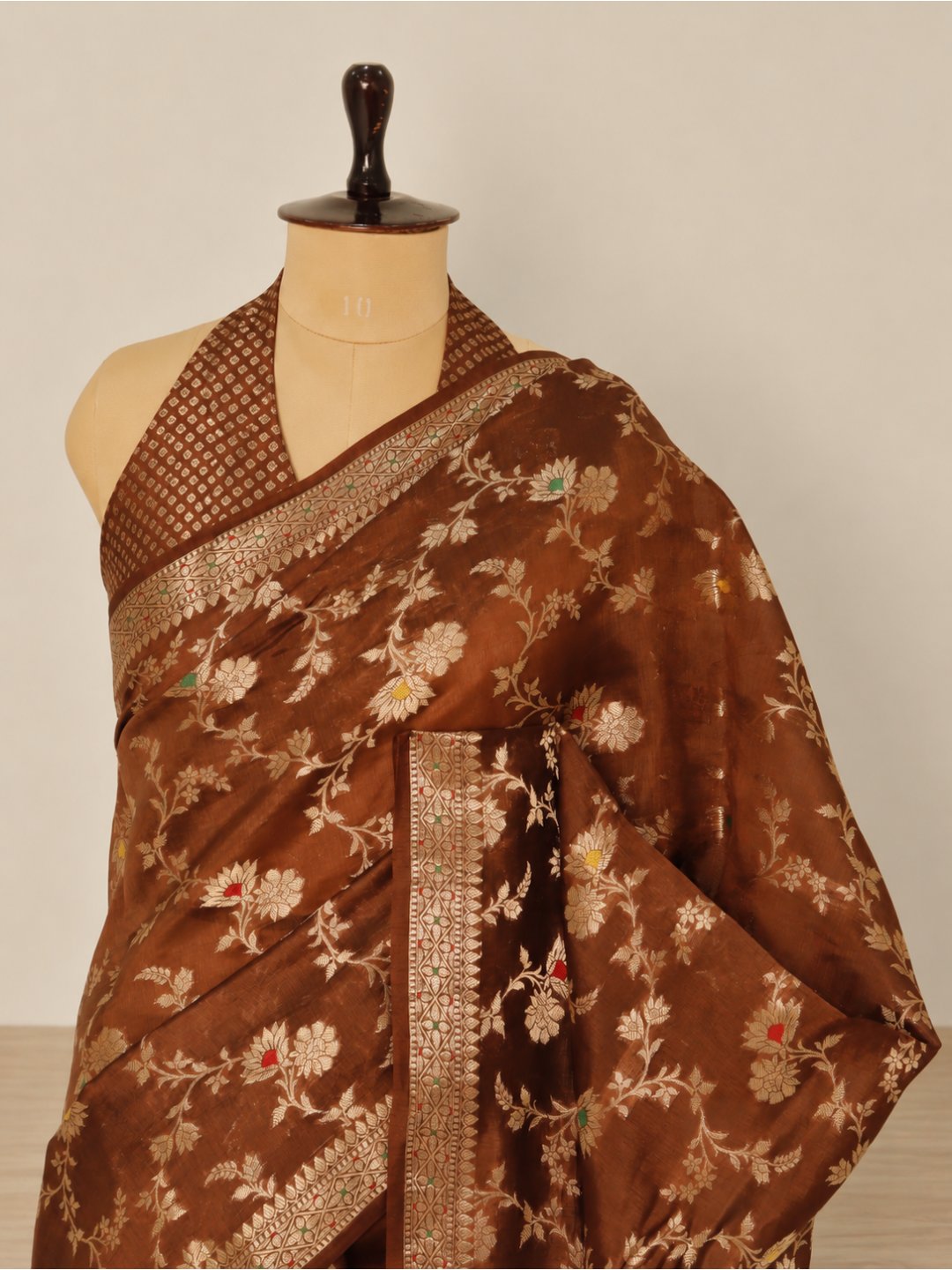 Copper brown with gold-toned detailing Viscose Saree Banarasi saree folded view