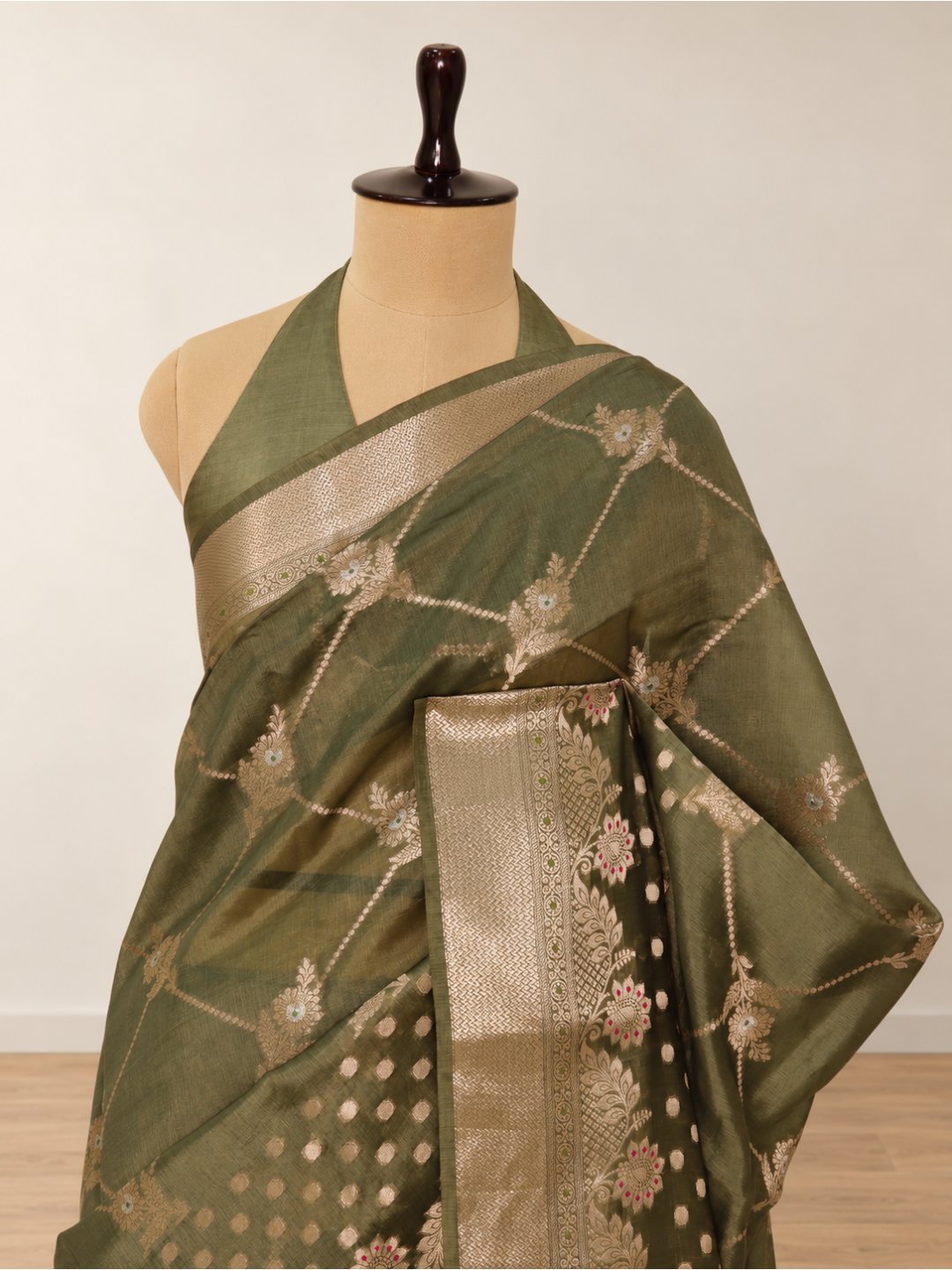 Olive green with gold-toned detailing Viscose Banarasi saree full spread