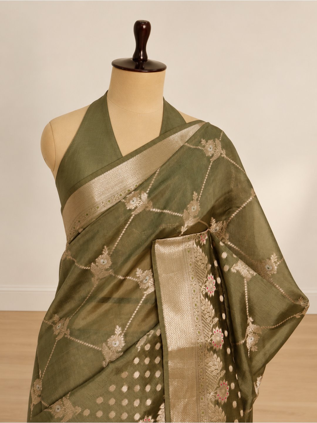 Olive green with gold-toned detailing Viscose Banarasi saree border closeup