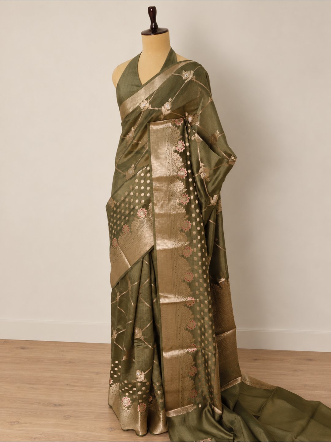 Olive green with gold-toned detailing Viscose Banarasi saree blouse piece