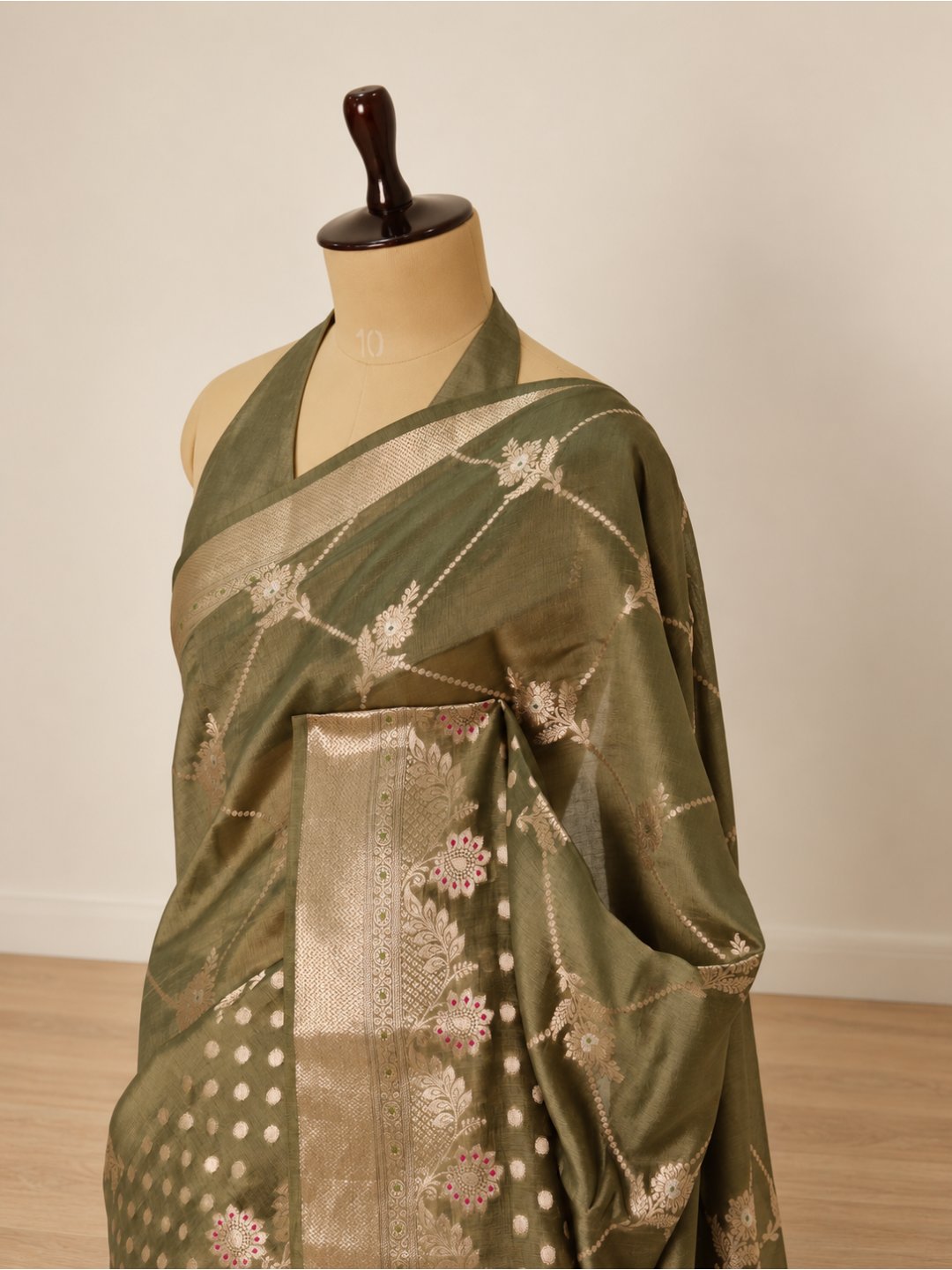 Olive green with gold-toned detailing Viscose Banarasi saree front drape view