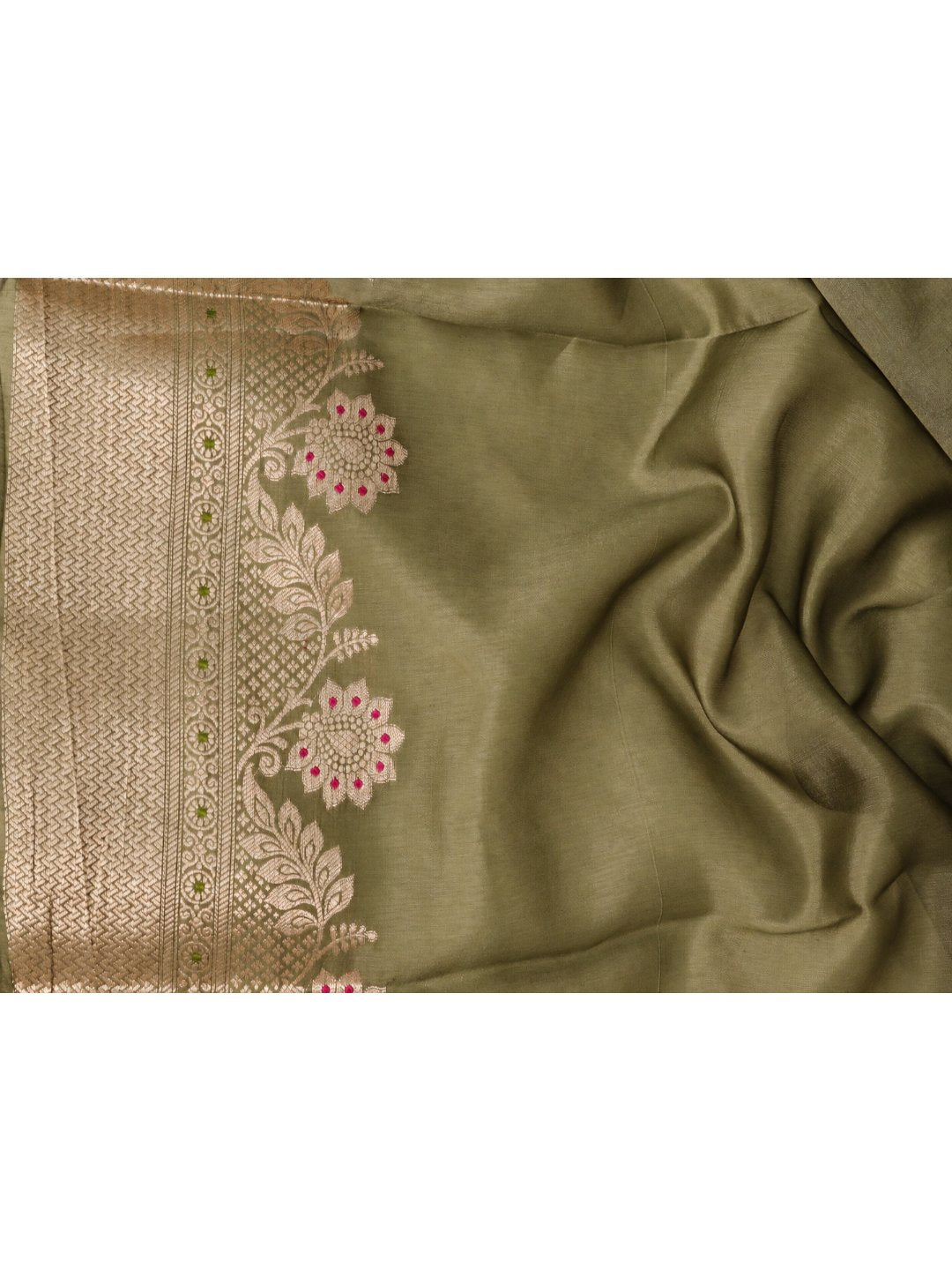 Olive green with gold-toned detailing Viscose Banarasi saree texture detail