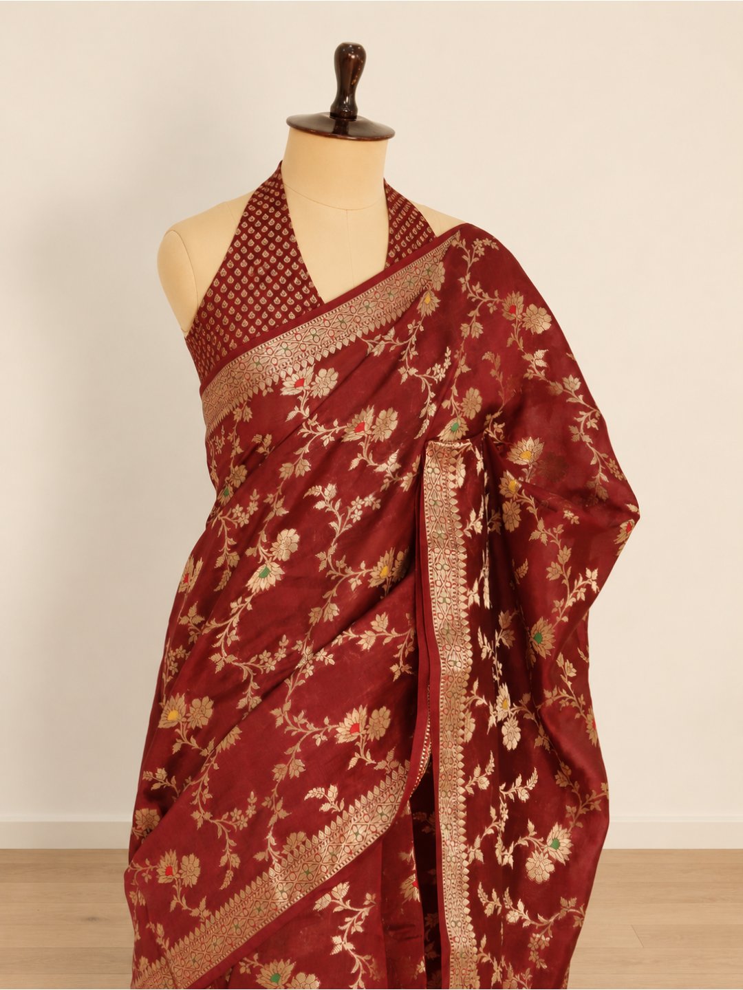 Deep maroon with gold-toned detailing Viscose Banarasi saree blouse piece