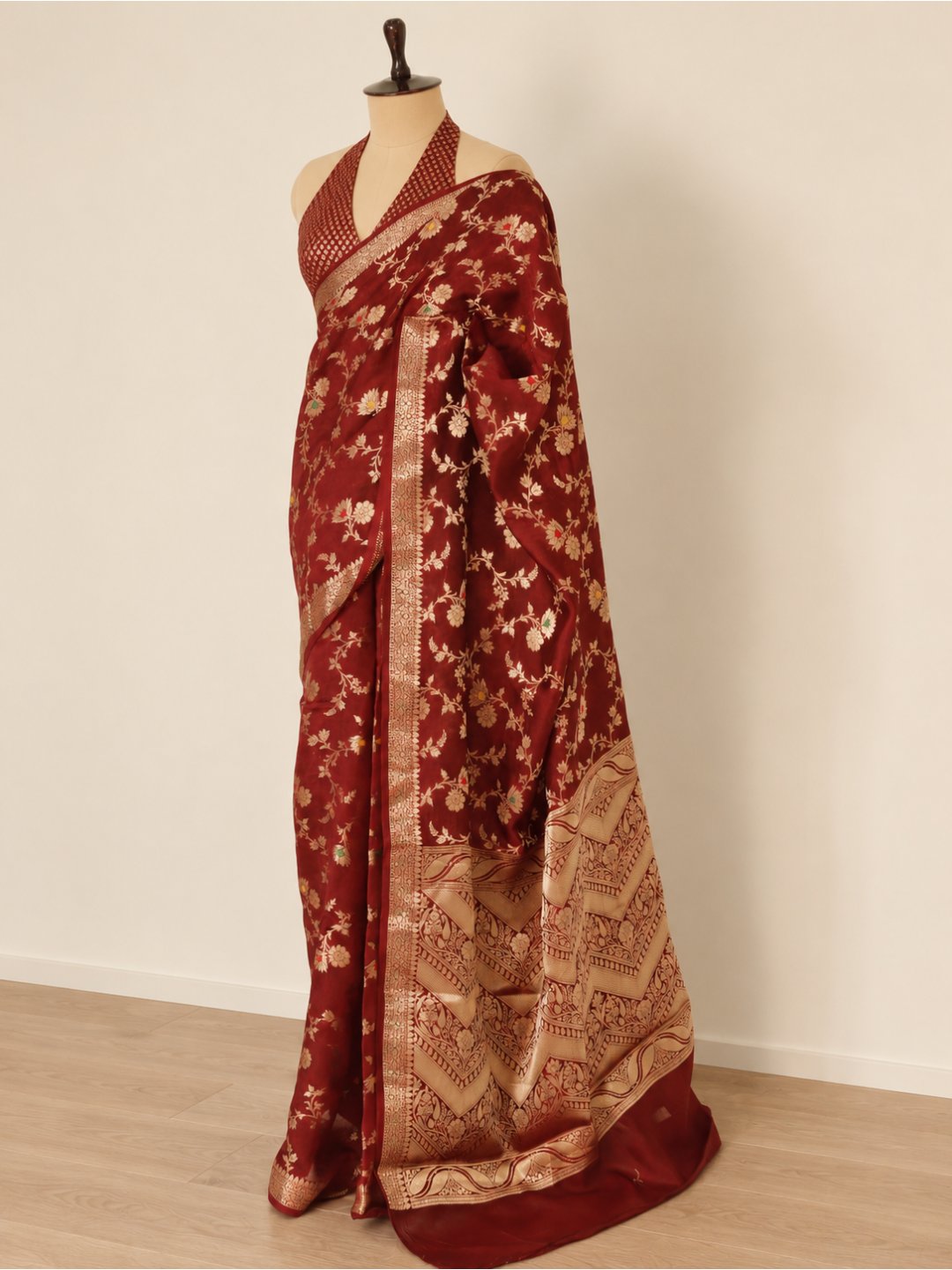 Deep maroon with gold-toned detailing Viscose Banarasi saree zari work detail