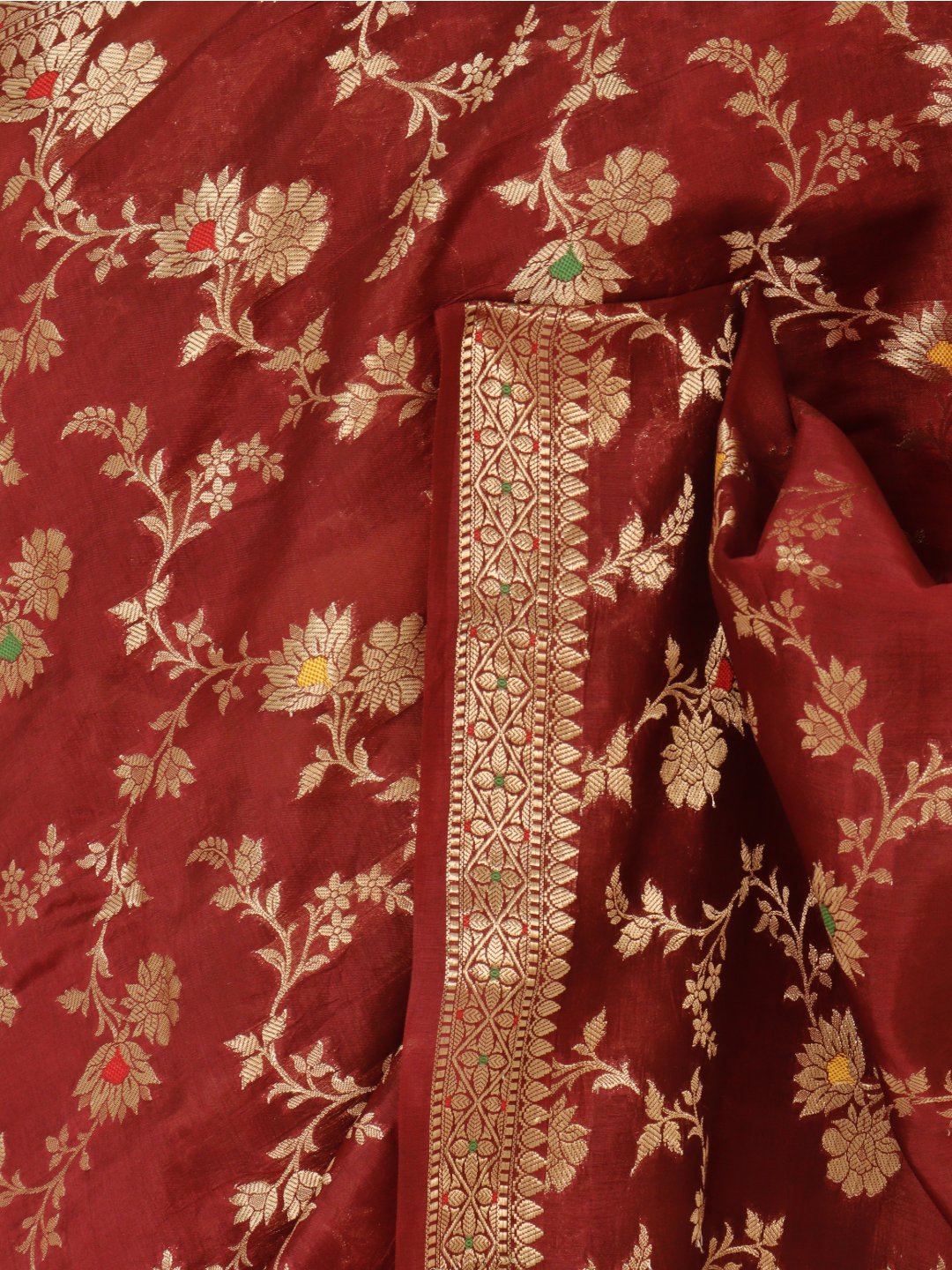 Deep maroon with gold-toned detailing Viscose Banarasi saree full spread