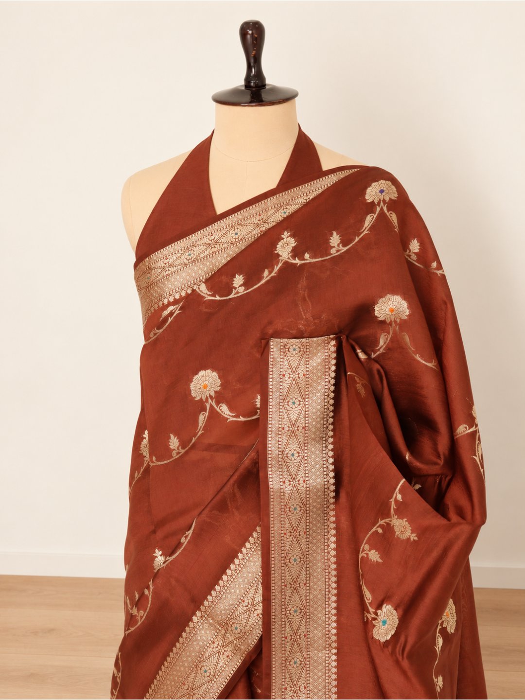 Copper rust with gold-toned detailing Viscose Saree Banarasi saree front drape view