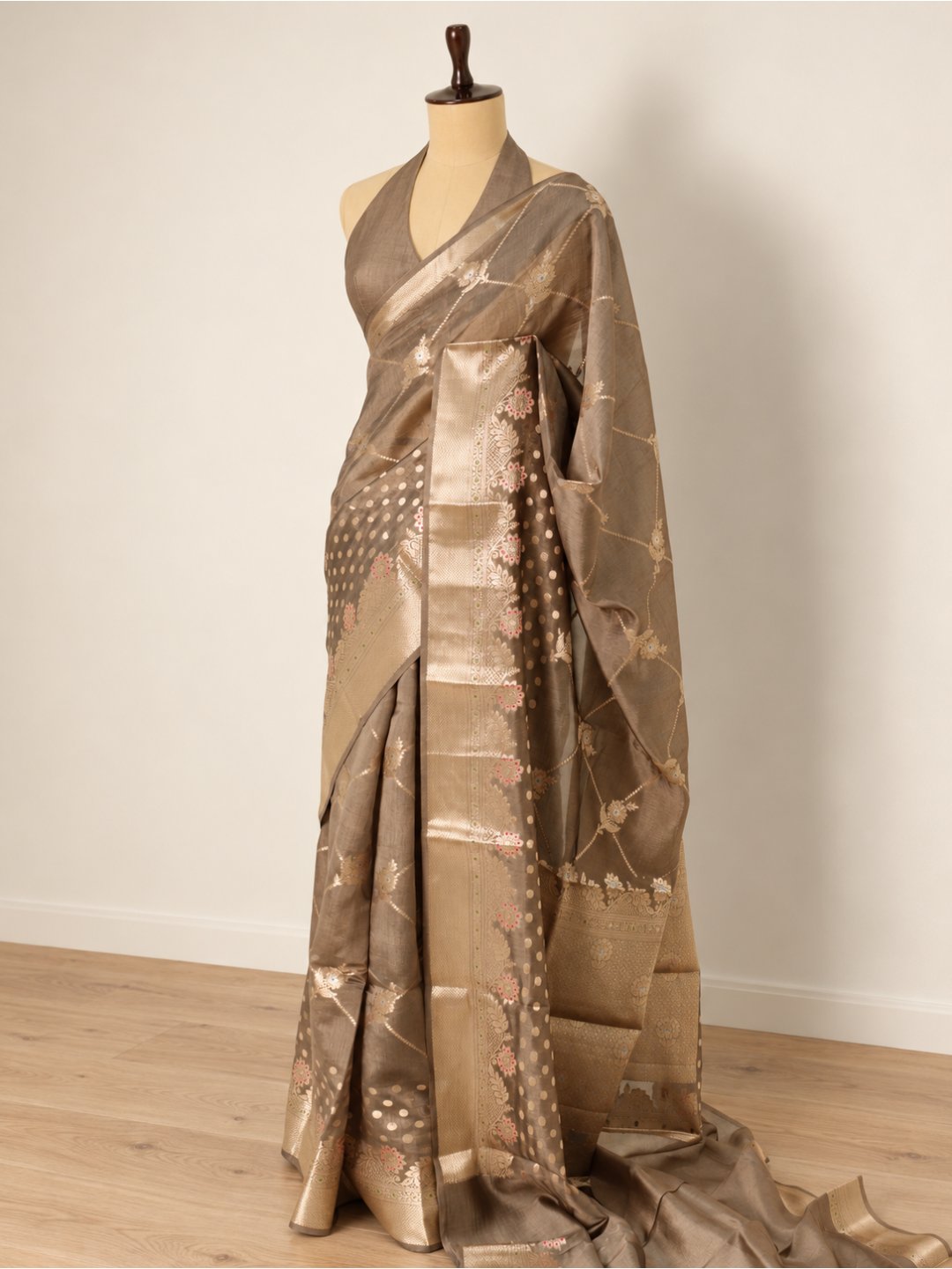 Taupe grey with gold-toned detailing Viscose Saree Banarasi saree pallu detail