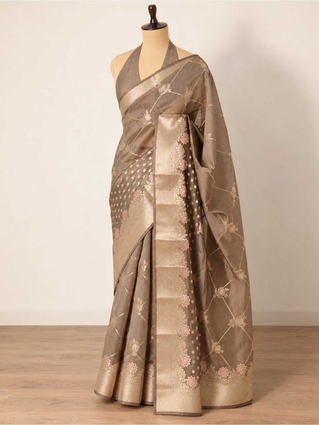 Taupe grey with gold-toned detailing Viscose Saree Banarasi saree full spread