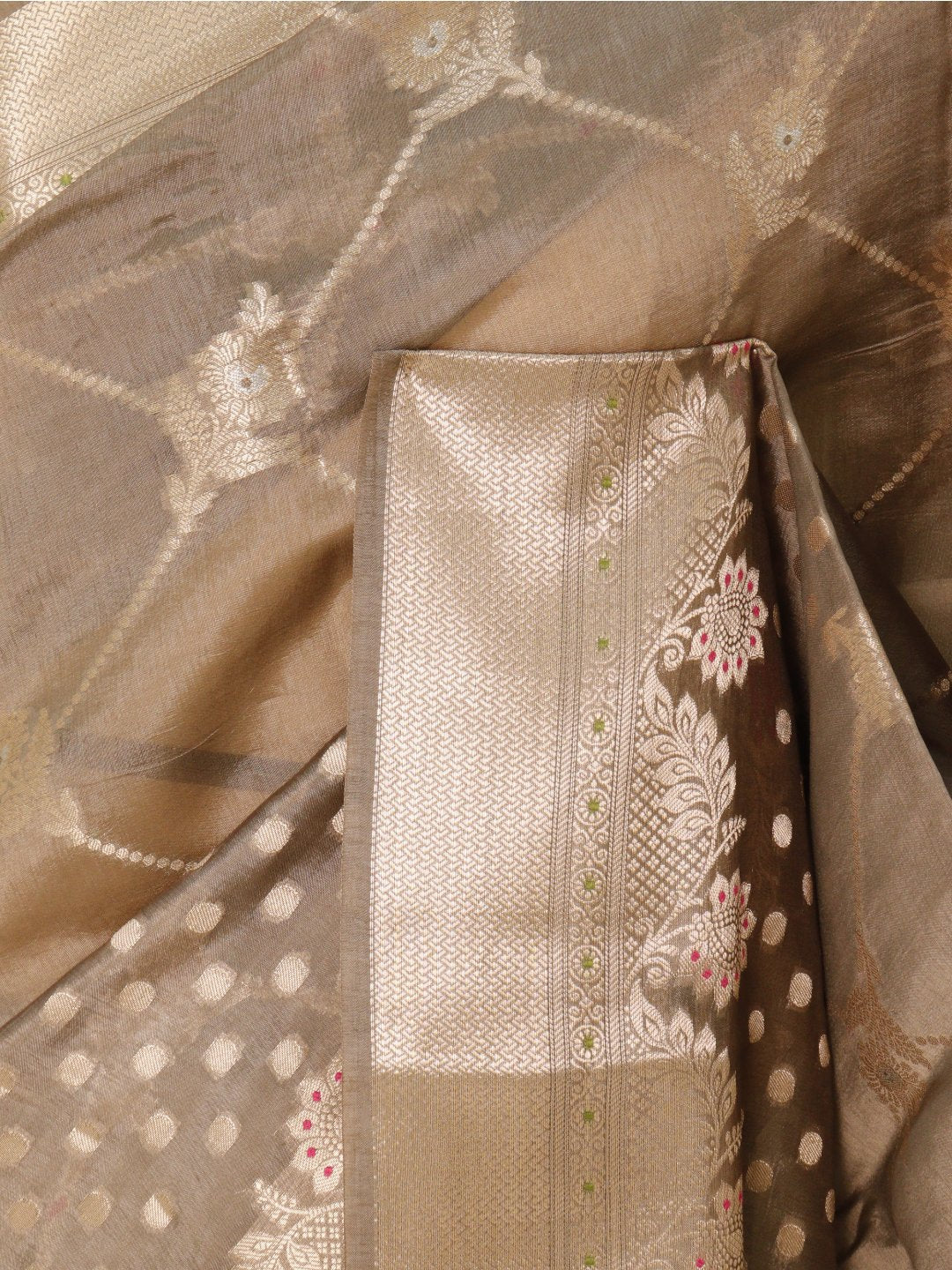 Taupe grey with gold-toned detailing Viscose Saree Banarasi saree blouse piece
