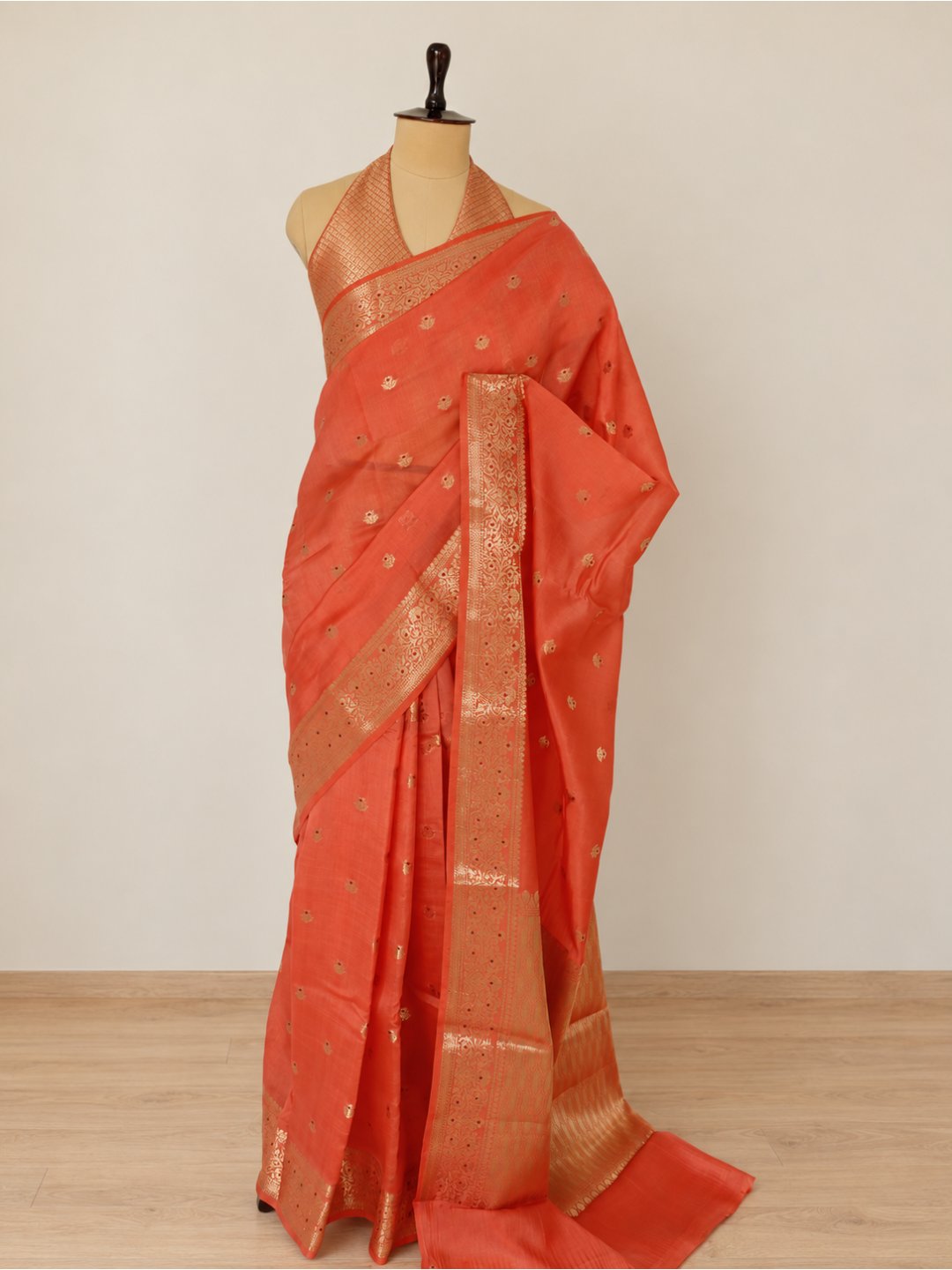 Coral orange with gold-toned detailing Viscose Saree Banarasi saree full spread