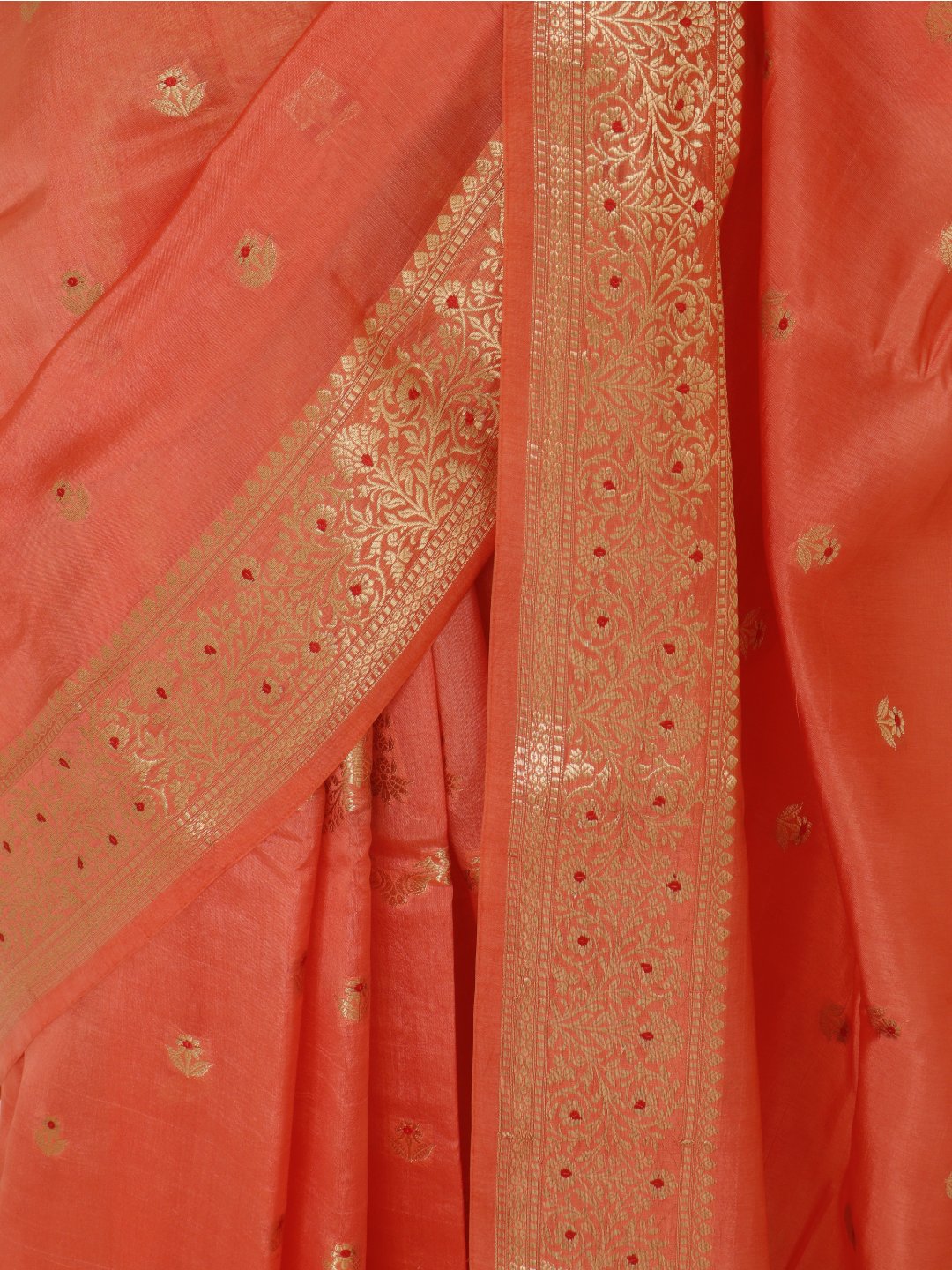 Coral orange with gold-toned detailing Viscose Saree Banarasi saree texture detail