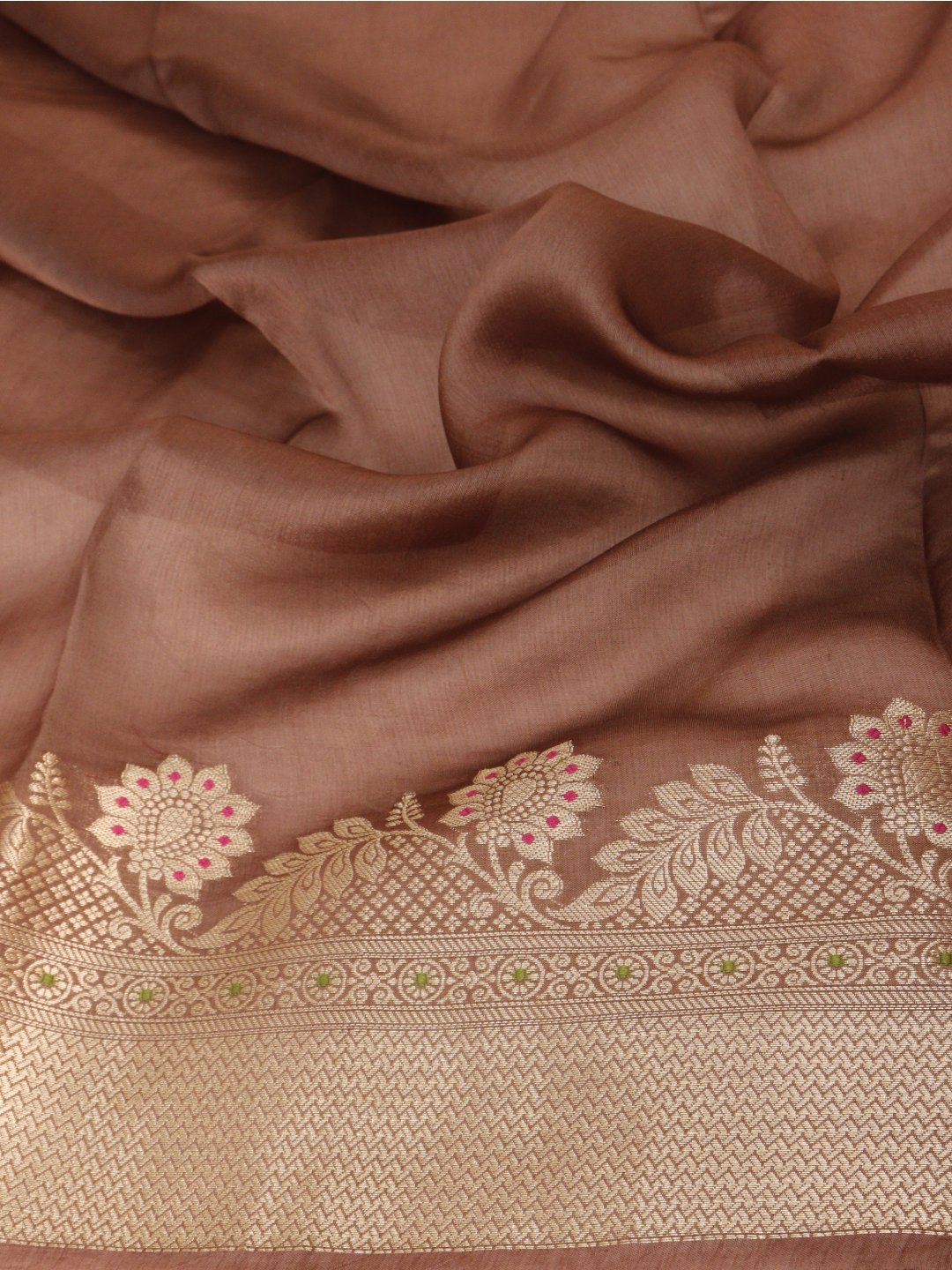 Dusty rose-brown with champagne gold-toned detailing Viscose Saree Banarasi saree folded view