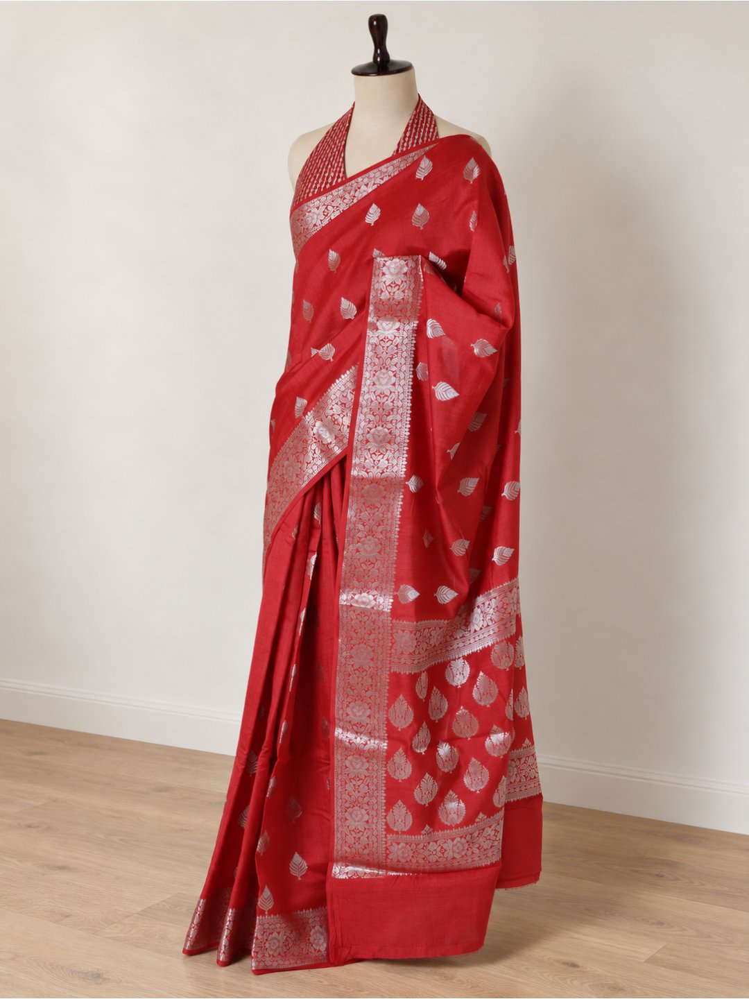 Bright red with silver-toned detailing Chiniya Silk Banarasi saree texture detail