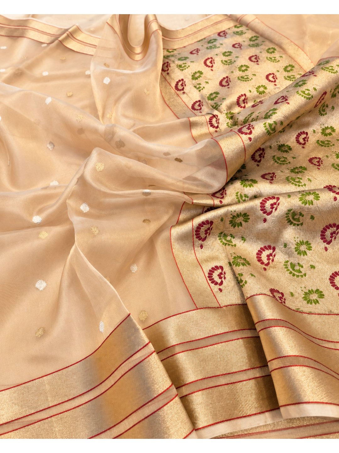 Gold Tissue Silk Banarasi saree front drape view