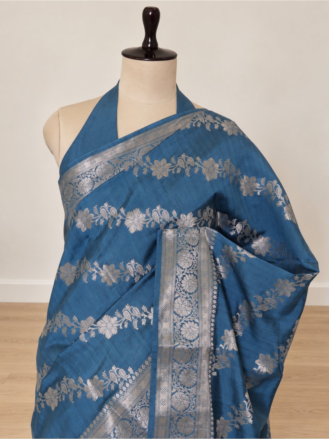Teal blue with silver-toned detailing Chiniya Silk Banarasi saree front drape view