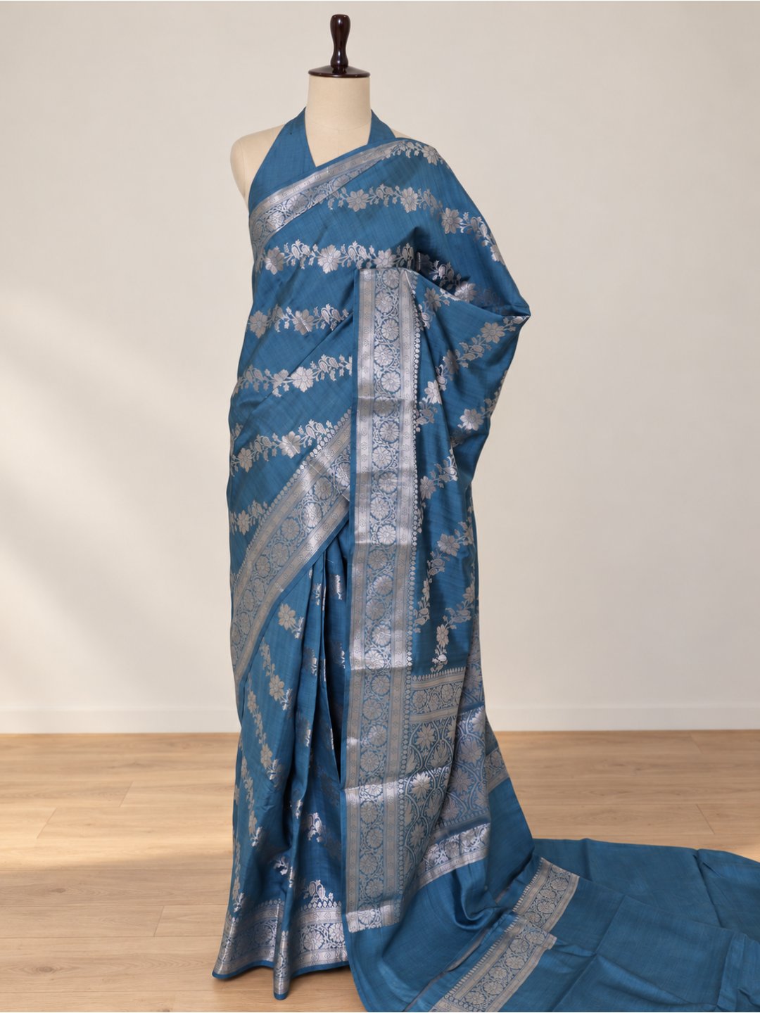 Teal blue with silver-toned detailing Chiniya Silk Banarasi saree zari work detail