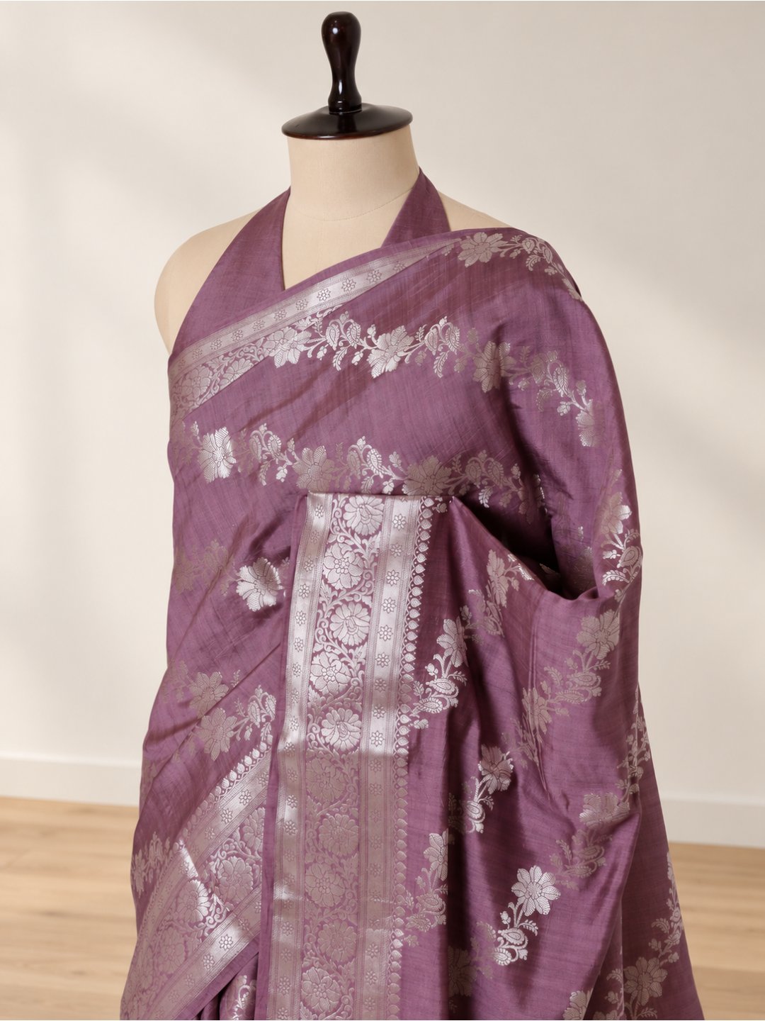 Dusty mauve purple with silver-toned detailing Chiniya Silk Banarasi saree front drape view